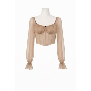 Womens Nude Corset Crop Top Sheer Long Sleeve Ruched Bustier Beige Party Blouse